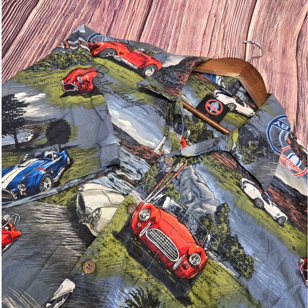 David Carey Shelby Cobra Shirt Mens XL Blue All Over Print Car‎ Racing Button Up